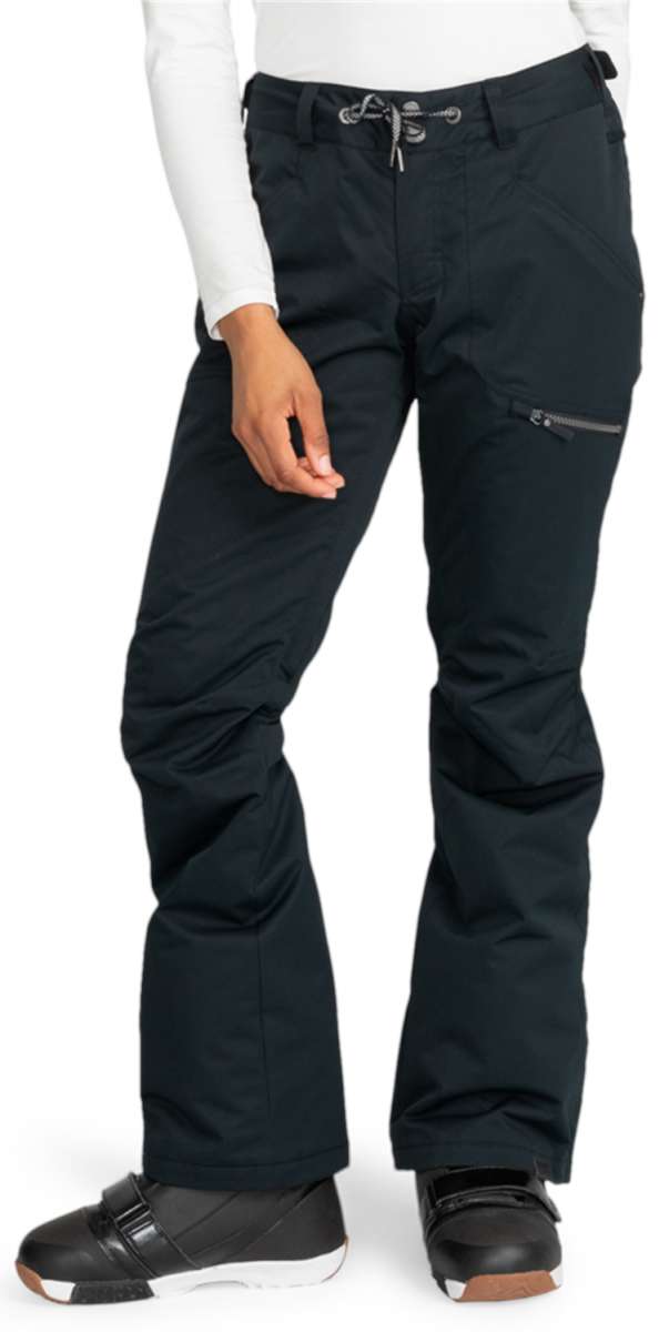 Roxy Women's Nadia Insulated Pants 2024 - Black snow pants with a zippered pocket on the right thigh and a drawstring at the waist.