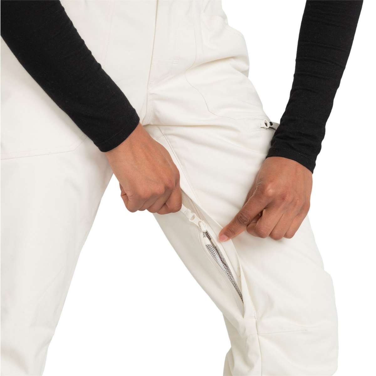 Roxy Women's Nadia Insulated Pants 2024 - White snow pants with a zippered pocket on the right thigh and a small black logo on the left leg.