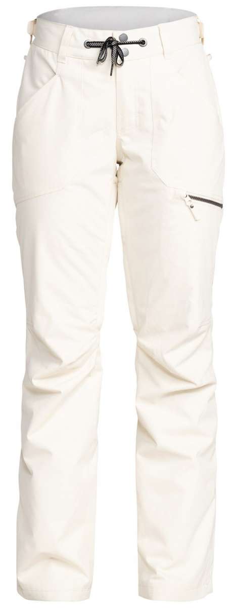 Roxy Women's Nadia Insulated Pants 2024 - A pair of white snow pants with a zippered pocket on the right thigh and a black drawstring at the waist.
