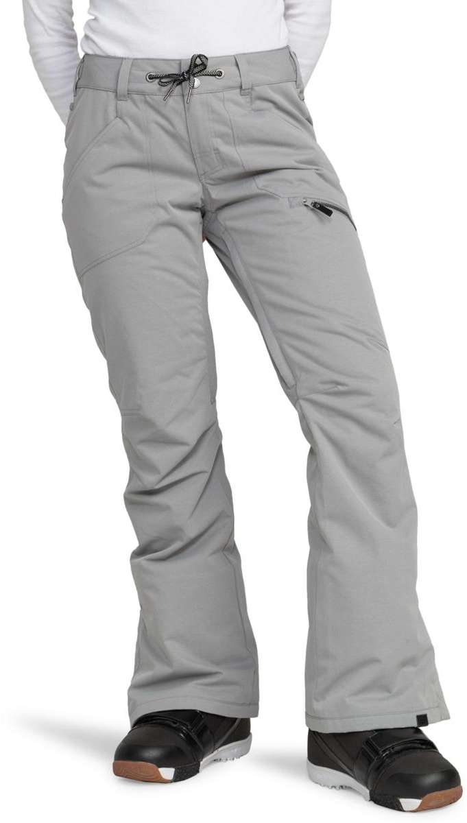 Roxy Women's Nadia Insulated Pants 2024 - Light gray pants with a subtle pattern of darker gray lines and white dots, featuring a zippered pocket on the right thigh.