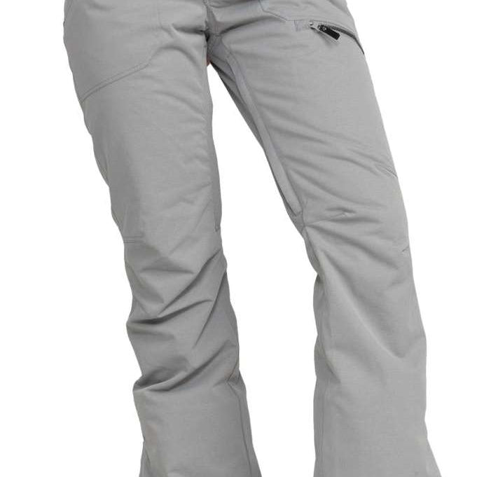 Roxy Women's Nadia Insulated Pants 2024 - Light gray pants with a subtle pattern of darker gray lines and white dots, featuring a zippered pocket on the right thigh.