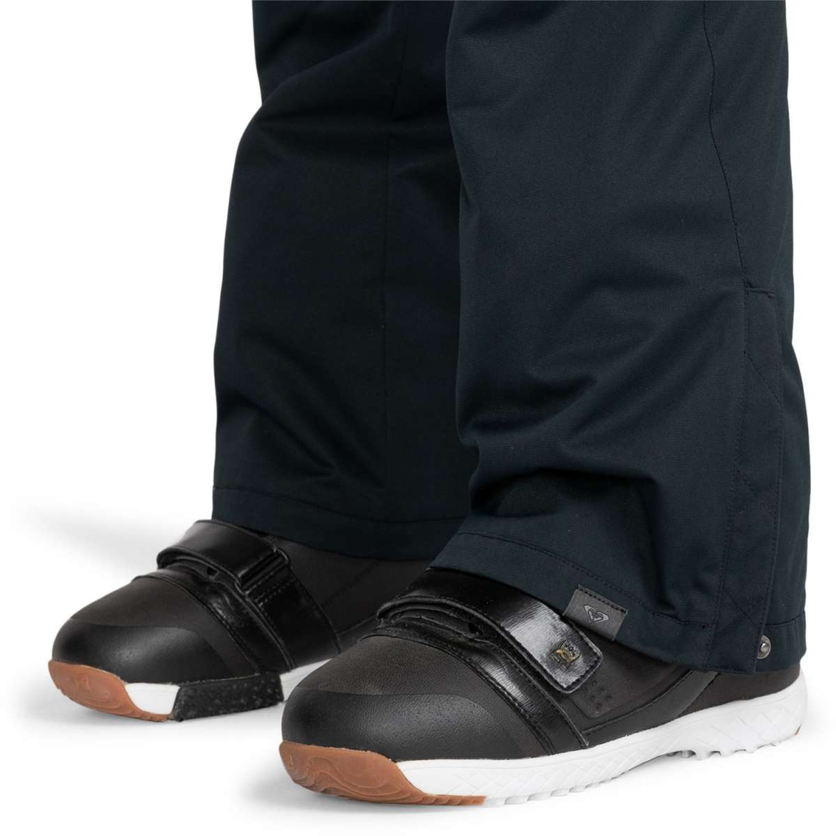 Roxy Women's Nadia Insulated Pants 2024 - Black snow pants with a subtle white stripe pattern on the side of one leg.
