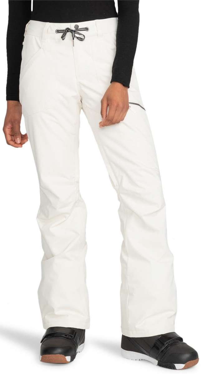 Roxy Women's Nadia Insulated Pants 2024 - A pair of white snow pants with a black drawstring at the waist and zippered pockets on the side.