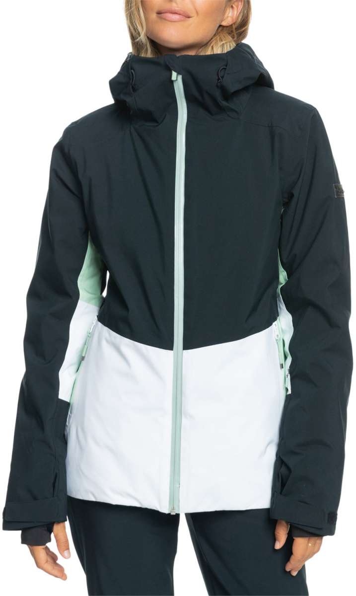 Roxy Women's Peakside Insulated Jacket 2024 - A black and white jacket with a hood, featuring a zippered front and two side pockets.
