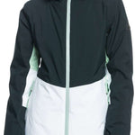 Roxy Women's Peakside Insulated Jacket 2024 - A black and white jacket with a hood, featuring a zippered front and two side pockets.