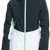 Roxy Women's Peakside Insulated Jacket 2024 - A black and white jacket with a hood, featuring a zippered front and two side pockets.