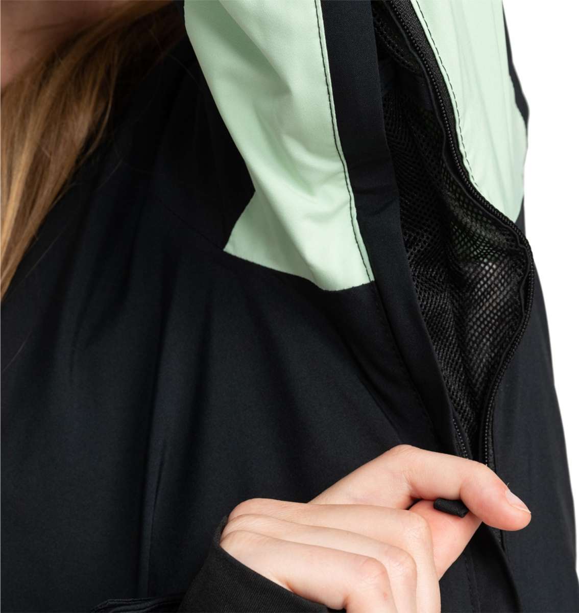 Roxy Women's Peakside Insulated Jacket 2024 - A black and mint green jacket with a zippered front, worn by a model from behind.