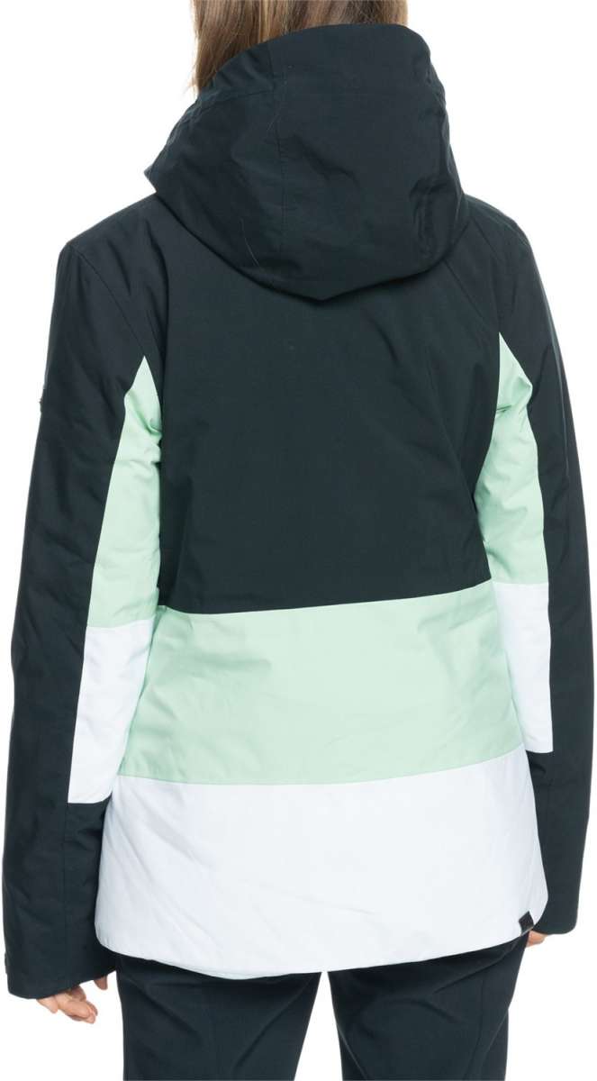 Roxy Women's Peakside Insulated Jacket 2024 - A black jacket with a white stripe on the left sleeve and mint green accents around the waist, hood, and right arm.