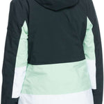 Roxy Women's Peakside Insulated Jacket 2024 - A black jacket with a white stripe on the left sleeve and mint green accents around the waist, hood, and right arm.