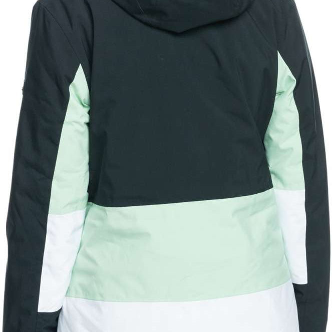 Roxy Women's Peakside Insulated Jacket 2024 - A black jacket with a white stripe on the left sleeve and mint green accents around the waist, hood, and right arm.
