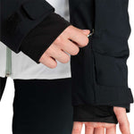 Roxy Women's Peakside Insulated Jacket 2024 - A black jacket with a white stripe on the left side, featuring a zipper and two pockets.