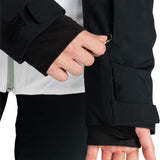 Roxy Women's Peakside Insulated Jacket 2024 - A black jacket with a white stripe on the left side, featuring a zipper and two pockets.