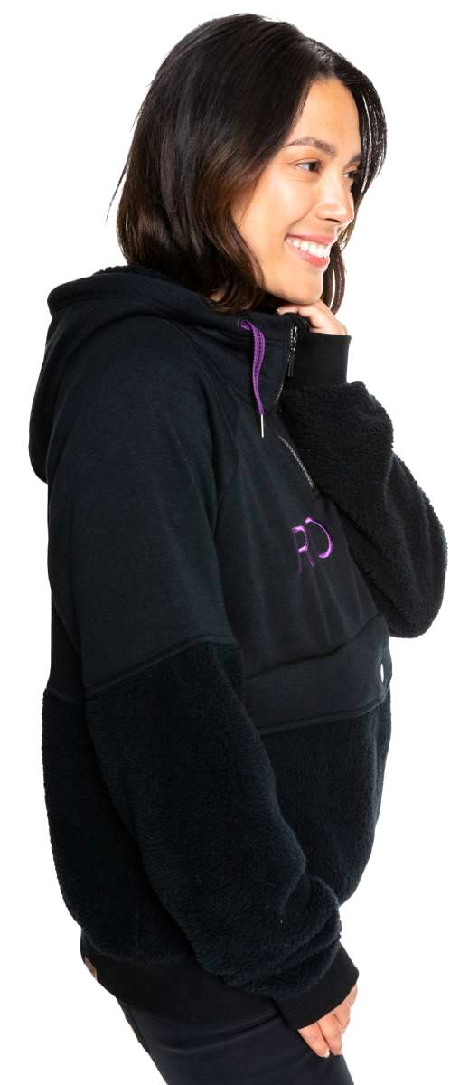 Roxy Women's Porter Fleece Hoodie 2022 - A black fleece hoodie with purple zipper and drawstring.