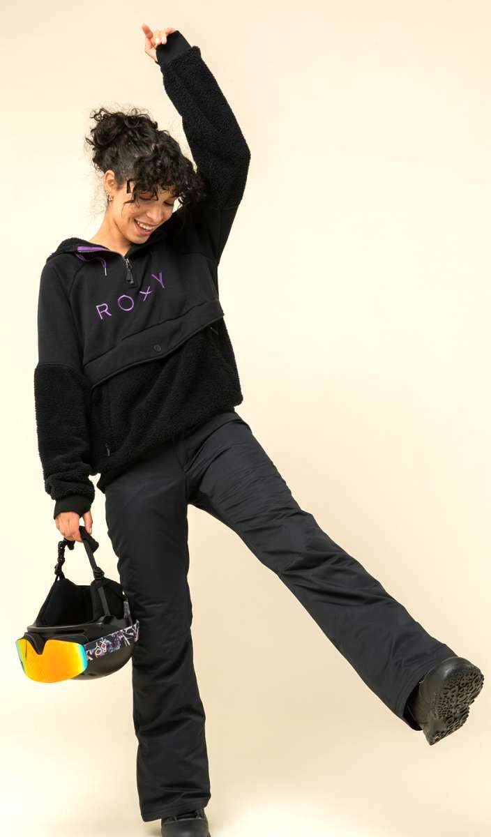 Roxy Women's Porter Fleece Hoodie - A black fleece hoodie with purple lettering and a zipper.