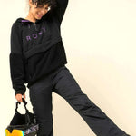 Roxy Women's Porter Fleece Hoodie - A black fleece hoodie with purple lettering and a zipper.