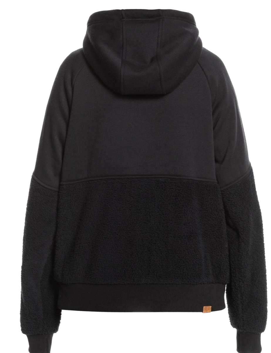 Roxy Women's Porter Fleece Hoodie 2022 - A black fleece hoodie with a hood and drawstring, featuring a small logo on the left chest area.