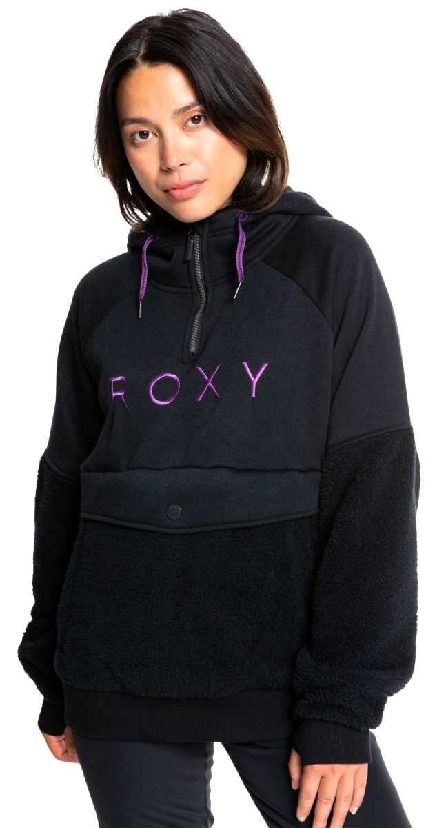 Roxy Women's Porter Fleece Hoodie 2022 - A black fleece hoodie with purple lettering and a zipper at the neck.