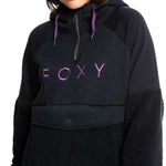 Roxy Women's Porter Fleece Hoodie 2022 - A black fleece hoodie with purple lettering and a zipper at the neck.