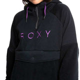 Roxy Women's Porter Fleece Hoodie 2022 - A black fleece hoodie with purple lettering and a zipper at the neck.