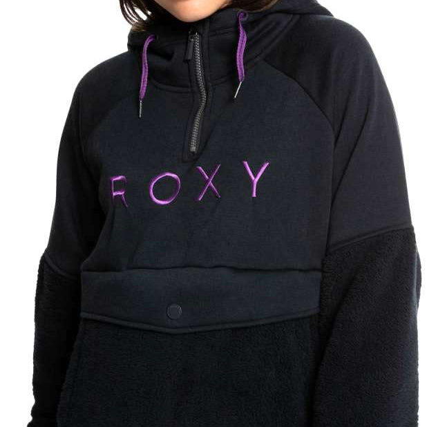 Roxy Women's Porter Fleece Hoodie 2022 - A black fleece hoodie with purple lettering and a zipper at the neck.