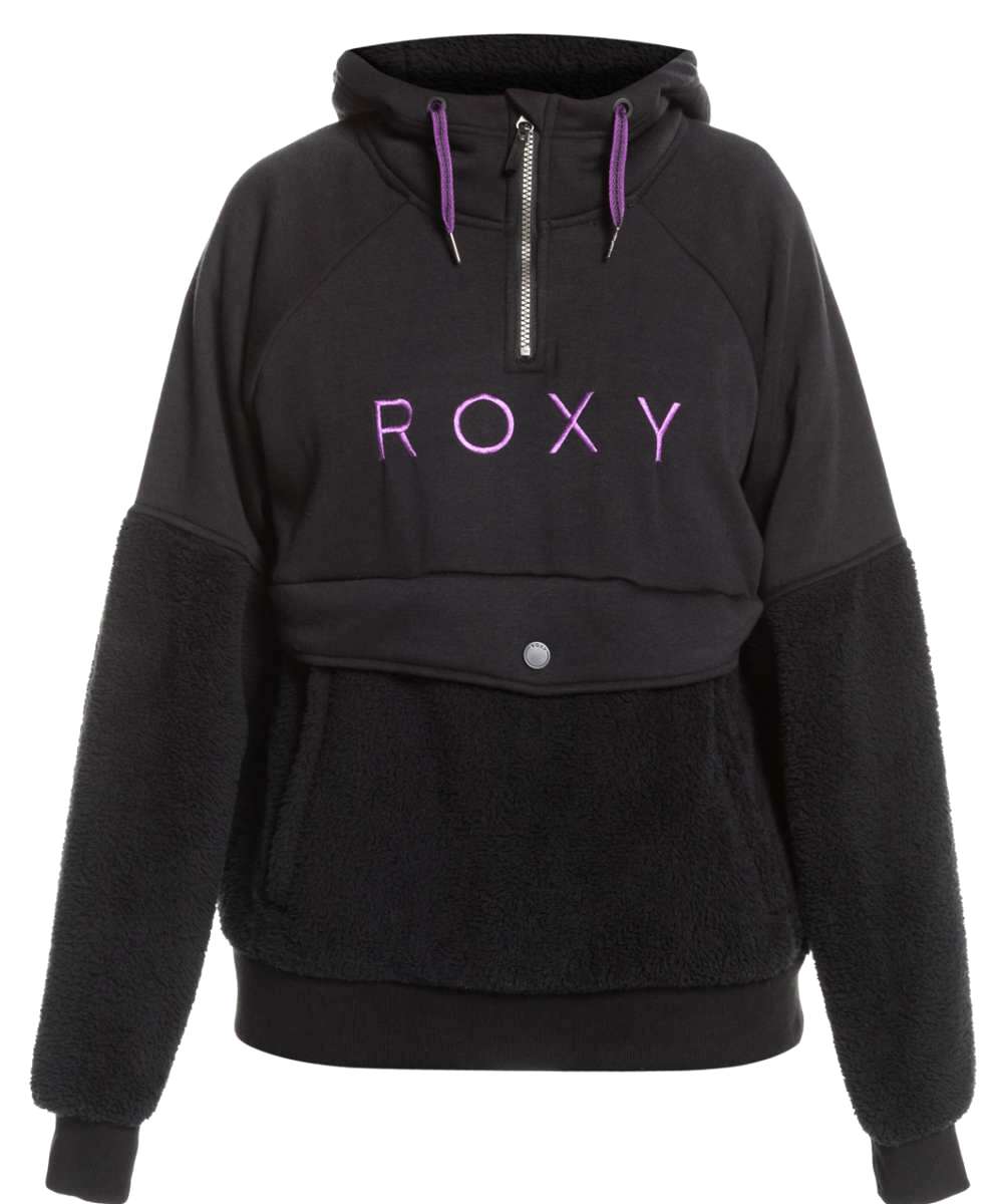 Roxy Women's Porter Fleece Hoodie 2022 - A black fleece hoodie with a zippered front and purple drawstrings.