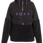 Roxy Women's Porter Fleece Hoodie 2022 - A black fleece hoodie with a zippered front and purple drawstrings.