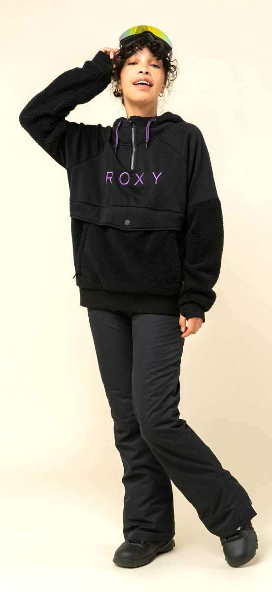 Roxy Women's Porter Fleece Hoodie - A black fleece hoodie with purple lettering and a drawstring hood.