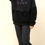 Roxy Women's Porter Fleece Hoodie - A black fleece hoodie with purple lettering and a drawstring hood.