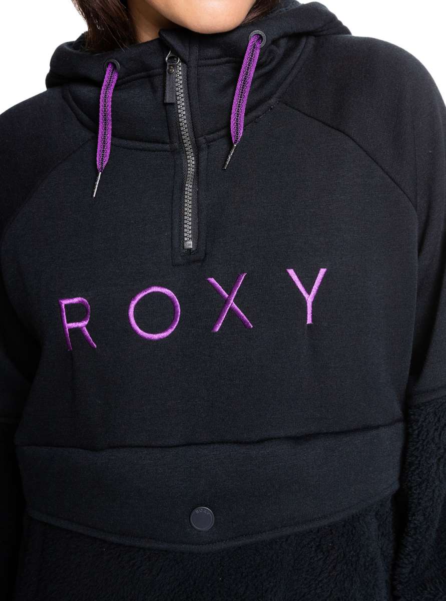 Roxy Women's Porter Fleece Hoodie 2022 - A black fleece hoodie with a zipper and purple drawstrings.