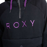 Roxy Women's Porter Fleece Hoodie 2022 - A black fleece hoodie with a zipper and purple drawstrings.