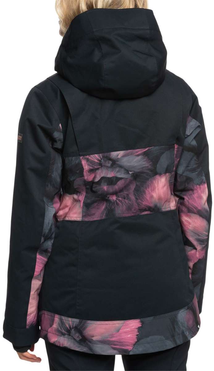 Roxy Women's Presence Insulated Parka Jacket 2024 - A black parka jacket with a pink and grey floral pattern on the back, featuring a hood and zippered pockets.
