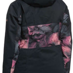 Roxy Women's Presence Insulated Parka Jacket 2024 - A black parka jacket with a pink and grey floral pattern on the back, featuring a hood and zippered pockets.