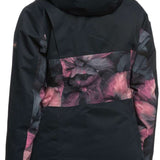 Roxy Women's Presence Insulated Parka Jacket 2024 - A black parka jacket with a pink and grey floral pattern on the back, featuring a hood and zippered pockets.