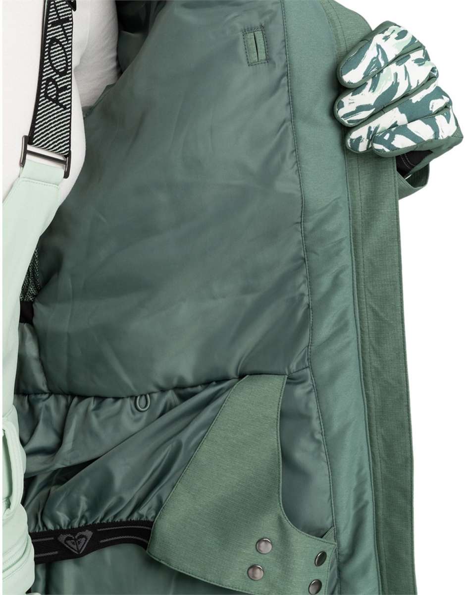 Roxy Women's Presence Insulated Parka Jacket 2024 - A dark green parka jacket with a black strap and silver hardware.