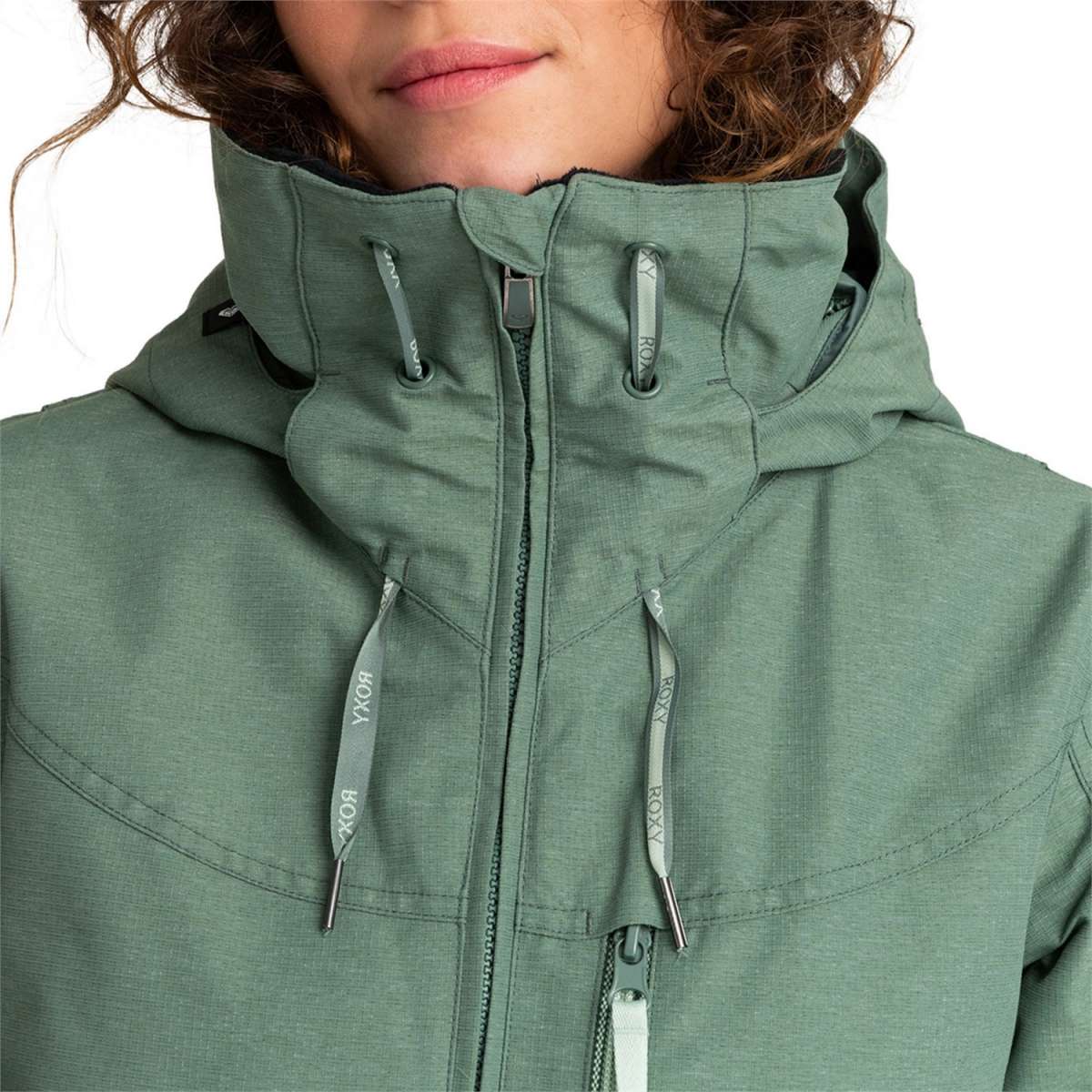 Roxy Women's Presence Insulated Parka Jacket 2024 - A dark green parka jacket with a high collar and zippered pockets.