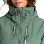 Roxy Women's Presence Insulated Parka Jacket 2024 - A dark green parka jacket with a high collar and zippered pockets.