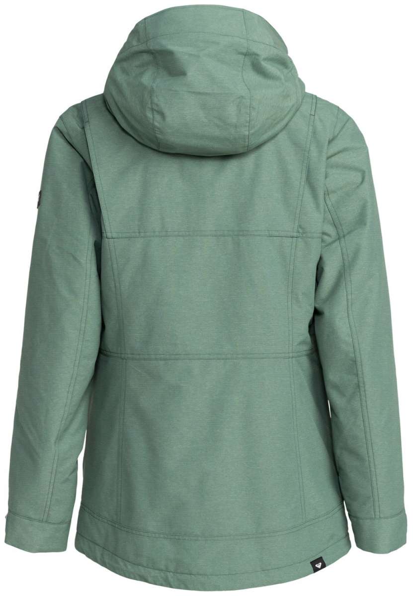 Roxy Women's Presence Insulated Parka Jacket 2024 - A dark green parka jacket with a hood, featuring a zippered front and two side pockets.