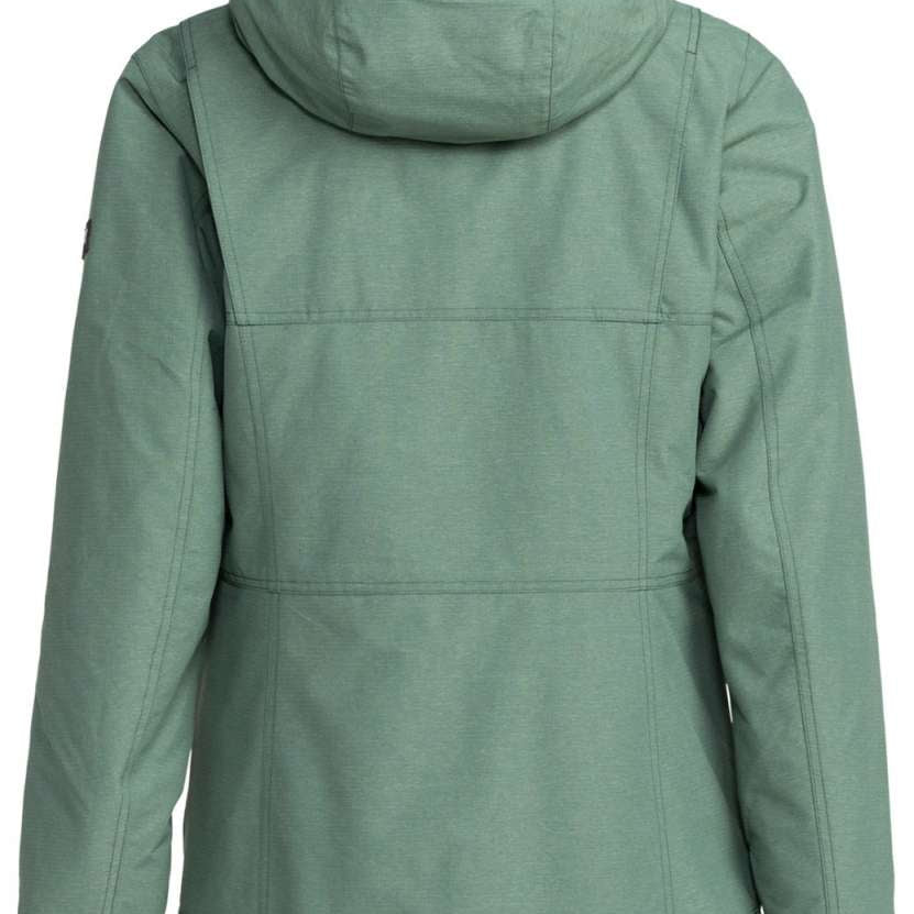Roxy Women's Presence Insulated Parka Jacket 2024 - A dark green parka jacket with a hood, featuring a zippered front and two side pockets.