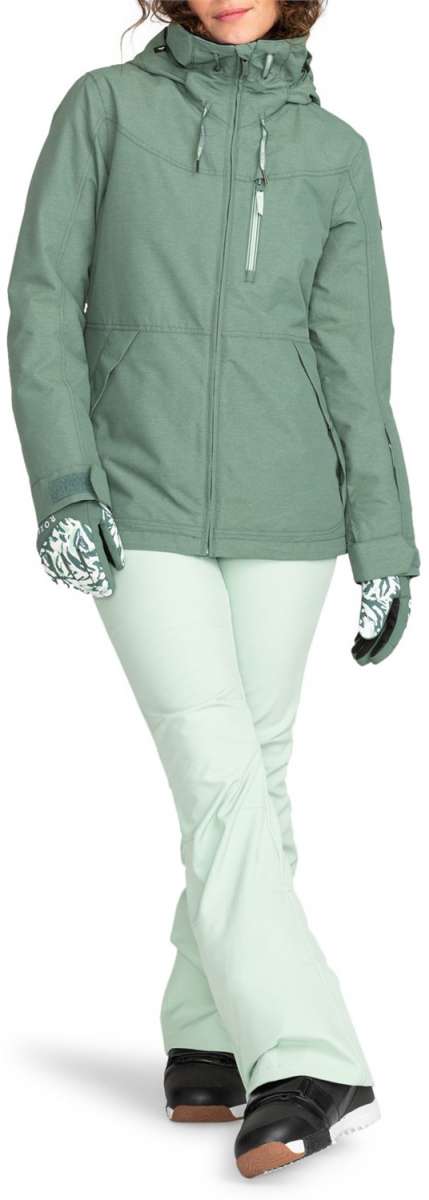 Roxy Women's Presence Insulated Parka Jacket 2024 - A dark green parka jacket with a hood and zippered pockets.