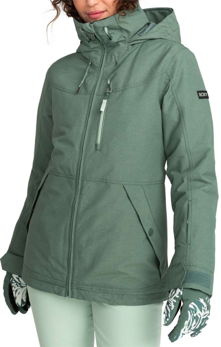 Roxy Women's Presence Insulated Parka Jacket 2024 - A dark green parka jacket with a hood and zippered pockets.