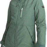 Roxy Women's Presence Insulated Parka Jacket 2024 - A dark green parka jacket with a hood and zippered pockets.