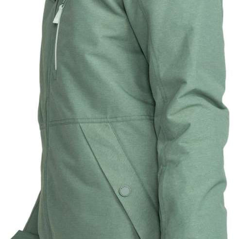 Roxy Women's Presence Insulated Parka Jacket 2024 - A woman with curly brown hair is wearing a light green parka jacket with a hood and a black rectangular patch on the left sleeve that says "ROXY" in white letters.