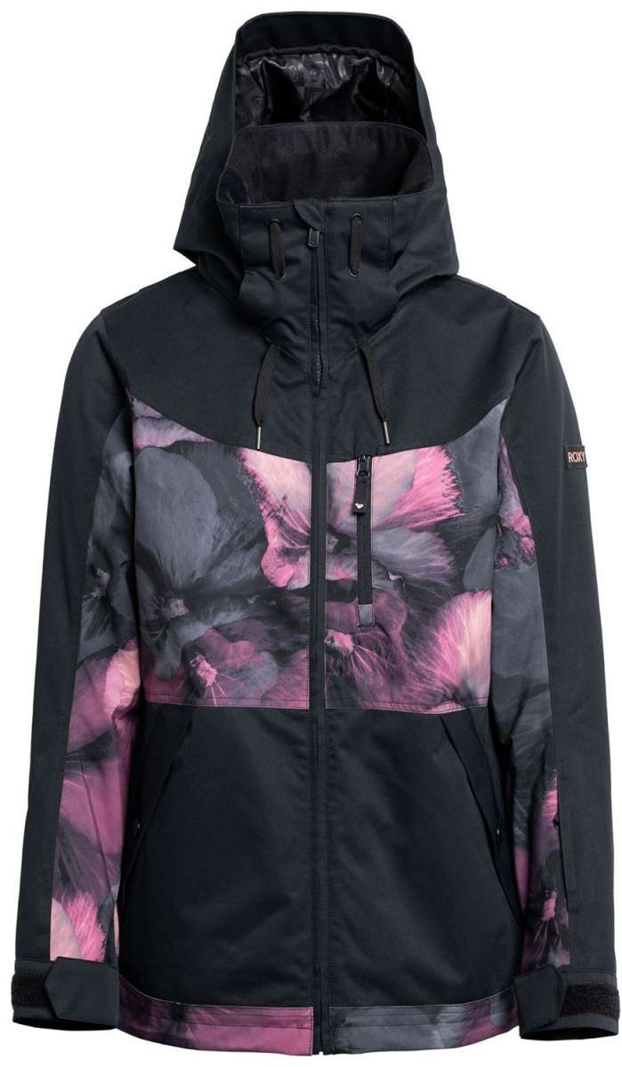 Roxy Women's Presence Insulated Parka Jacket 2024 - A black parka jacket with a large pink floral pattern on the chest and sleeves.