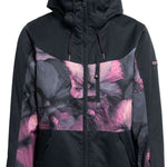Roxy Women's Presence Insulated Parka Jacket 2024 - A black parka jacket with a large pink floral pattern on the chest and sleeves.