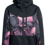 Roxy Women's Presence Insulated Parka Jacket 2024 - A black parka jacket with a large pink floral pattern on the chest and sleeves.