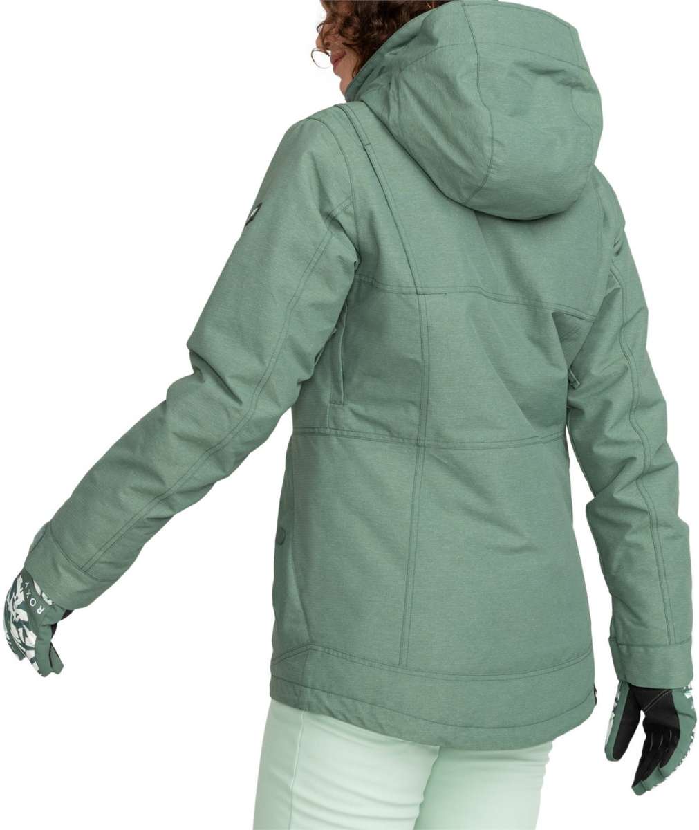 Roxy Women's Presence Insulated Parka Jacket 2024 - A dark green parka jacket with a hood and zippered pockets.