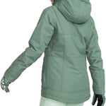 Roxy Women's Presence Insulated Parka Jacket 2024 - A dark green parka jacket with a hood and zippered pockets.