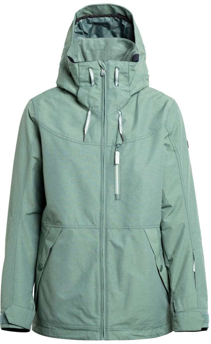Roxy Women's Presence Insulated Parka Jacket 2024 - A dark green parka jacket with a hood, zippered pockets and silver zippers.