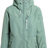 Roxy Women's Presence Insulated Parka Jacket 2024 - A dark green parka jacket with a hood, zippered pockets and silver zippers.