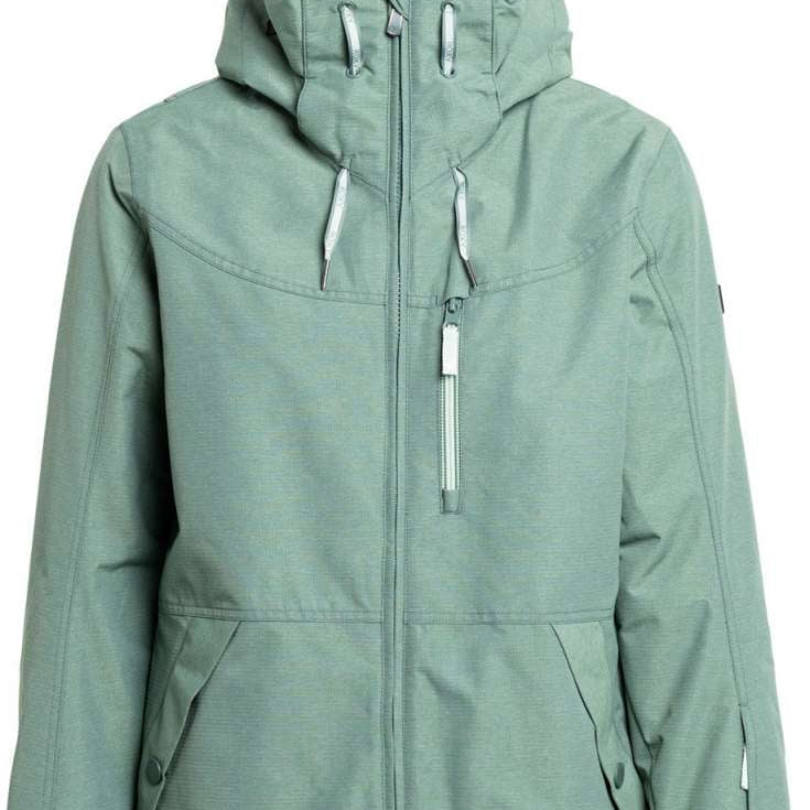 Roxy Women's Presence Insulated Parka Jacket 2024 - A dark green parka jacket with a hood, zippered pockets and silver zippers.